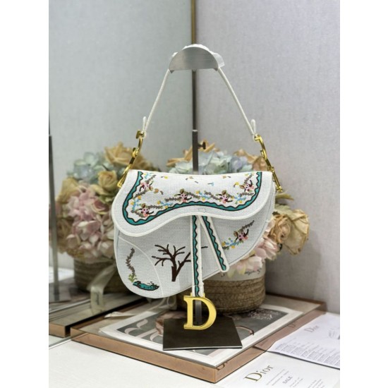 Borse Replica Alta Qualità a tracolla Dior Saddle ricamata bianca