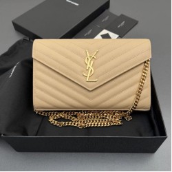 Replica perfette Portafoglio a catena YSL Saint Laurent Envelope pelle originale albicocca
