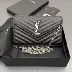 Portafoglio a catena YSL Saint Laurent Envelope pelle originale nero argento