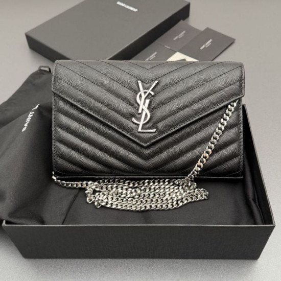 Portafoglio a catena YSL Saint Laurent Envelope pelle originale nero argento