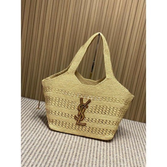 Borse Firmate Replica tote Icare YSL Saint Laurent con intreccio rafia albicocca