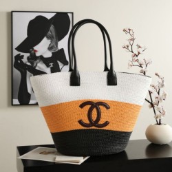 Replica Perfetta Borsa shopping maxi Chanel Coco Beach Rafia Giallo Imitazione Falsa