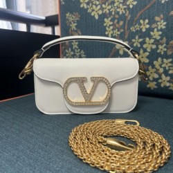 Borsa a spalla piccola Valentino Garavani Locò con logo gioiello vitello Bianco