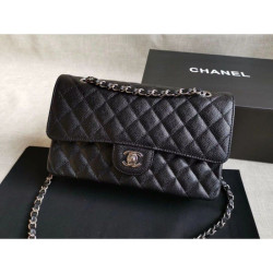 Medium Classica Caviar Flap Borse A1112 Nero Argento / Hardware d'oro