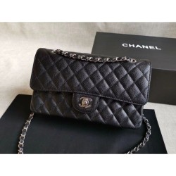 Medium Classica Caviar Flap Borse A1112 Nero Argento / Hardware d'oro