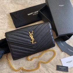 Cloni Firmate Portafoglio con catena YSL Saint Laurent con busta a catena in pelle martellata Hardware nero oro imitazioni