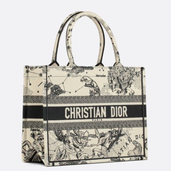 Borse Firmate Replica tote media Dior Book Toile de Jouy Zodiac ricamo bianco