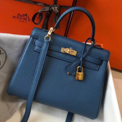 Hermes Kelly 25cm Borse Firmate Replica Sellier Clemence Pelle Blu