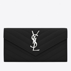 Alta gamma replica Portafoglio grande con patta monogramma YSL Saint Laurent nero argento
