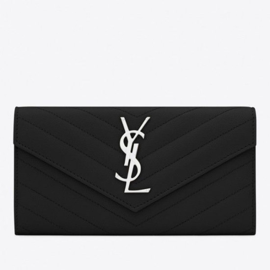 Alta gamma replica Portafoglio grande con patta monogramma YSL Saint Laurent nero argento Alta gamma replica Portafoglio grande con patta monogramma YSL Saint Laurent nero argento