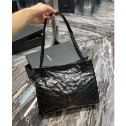 YSL Saint Laurent NIKI Borsa Replica 1:1 shopping media in pelle stropicciata vintage Nera