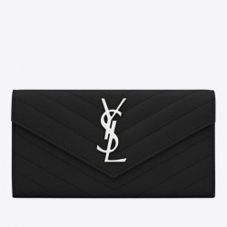 Alta gamma replica Portafoglio grande con patta monogramma YSL Saint Laurent nero argento