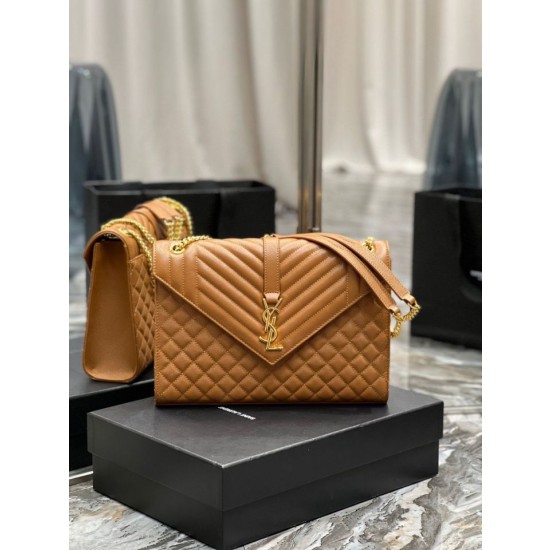 Dettagli perfetti Borsa a busta grande YSL Saint Laurent Mix Matelasse Caramello 31 cm