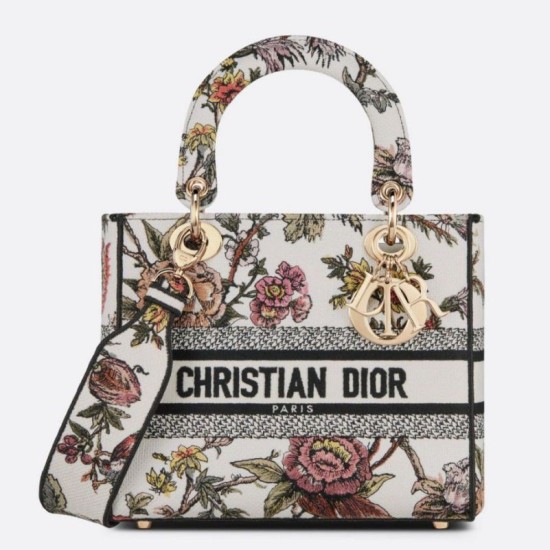 Borsa Christian Dior Medium Lady D-Lite Jardin Botanique Ricamo Bianco