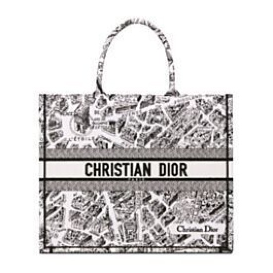 Christian Dior Large Dior Book Tote Borse Imitazioni con motivo Plan de Paris ricamato nera / bianca