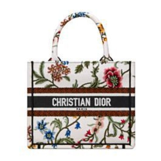 Christian Dior Small Dior Book Tote Bianco Multicolor Ricamo Dior Petites Fleurs