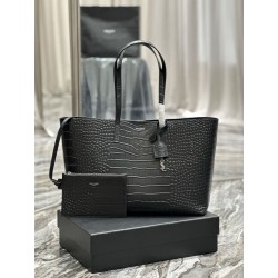 YSL Saint Laurent Shopping Tote Bag Pelle Stampa Coccodrillo Nera