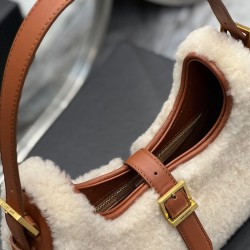 Borsa Hobo YSL Saint Laurent Le Fermoir Shearling Merino 672615 Crema