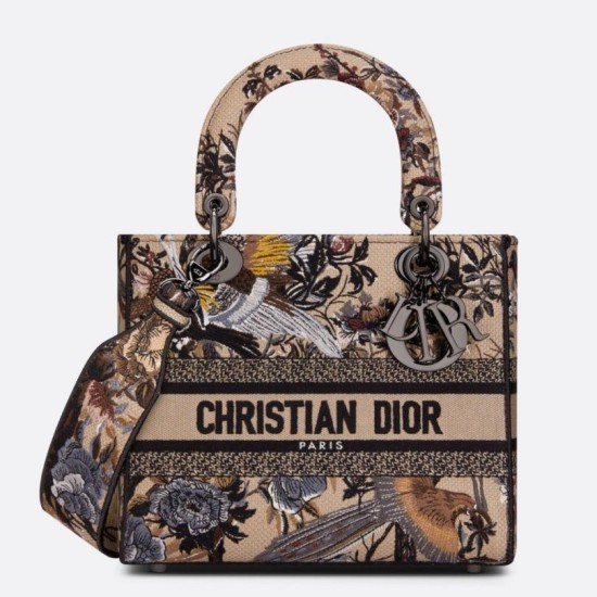 Borsa Dior Medium Lady D-Lite con ricamo Jardin d'Hiver beige