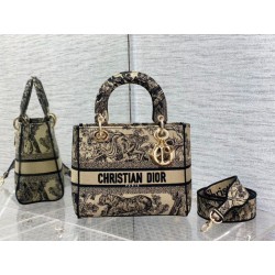 Borsa Dior Medium Lady D-Lite Toile de Jouy Ricamo Marrone
