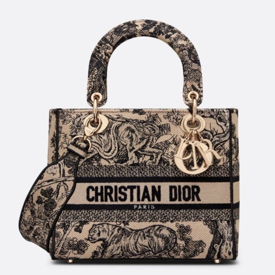Borsa Dior Medium Lady D-Lite Toile de Jouy Ricamo Marrone