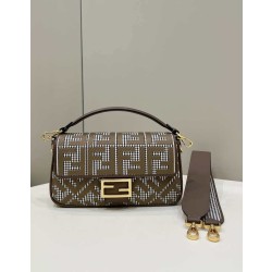Borsa Fendi Baguette 8BR600 in lana pied de poule con ricamo FF Marrone