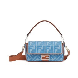 Borse Firmate Replica Fendi Baguette Media 8BR600 denim con motivo FF ricamato tono su tono Blu