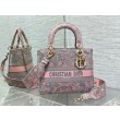Borse Replica media Dior Lady D-Lite Toile de Jouy ricamo inverso Grigio / Rosa