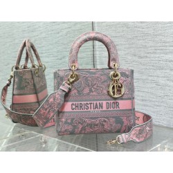 Borse Replica media Dior Lady D-Lite Toile de Jouy ricamo inverso Grigio / Rosa