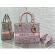 Borse Replica media Dior Lady D-Lite Toile de Jouy ricamo inverso Grigio / Rosa