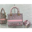 Borse Replica media Dior Lady D-Lite Toile de Jouy ricamo inverso Grigio / Rosa