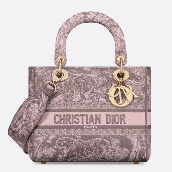 Borse Replica media Dior Lady D-Lite Toile de Jouy ricamo inverso Grigio / Rosa
