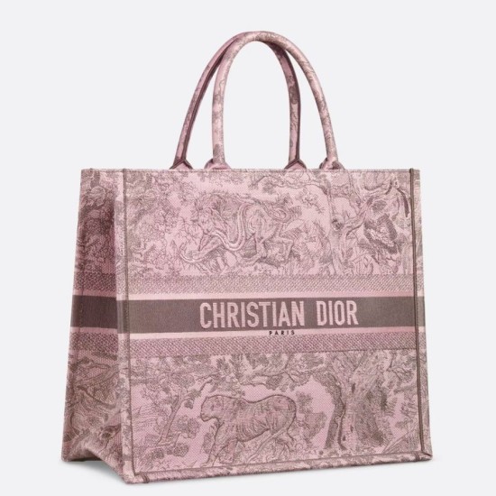 Borsa tote grande per libri Dior Toile de Jouy Sauvage ricamo rosa / grigio