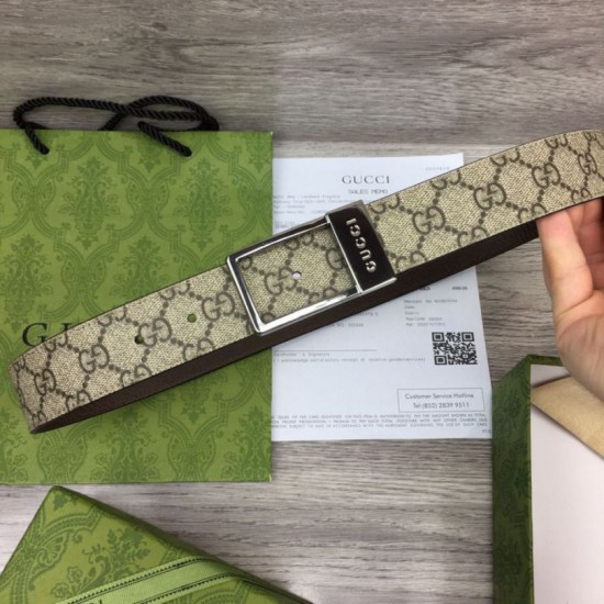 Cintura Gucci GG con fibbia rettangolare 722370 35mm Acciaio Marrone