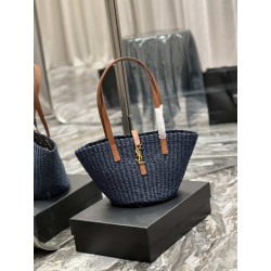 Dettagli perfetti Borsa media YSL Saint Laurent Panier in rafia blu navy
