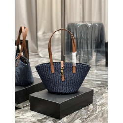 Dettagli perfetti Borsa media YSL Saint Laurent Panier in rafia blu navy