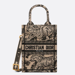 Dior Mini Book Tote Borsa per cellulare Toile de Jouy Ricamo Nocciola