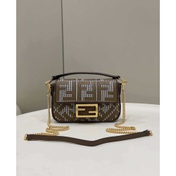 Fendi 8BS017 Borsa Replica 1:1 Mini Baguette in lana pied de poule con ricamo FF Marrone