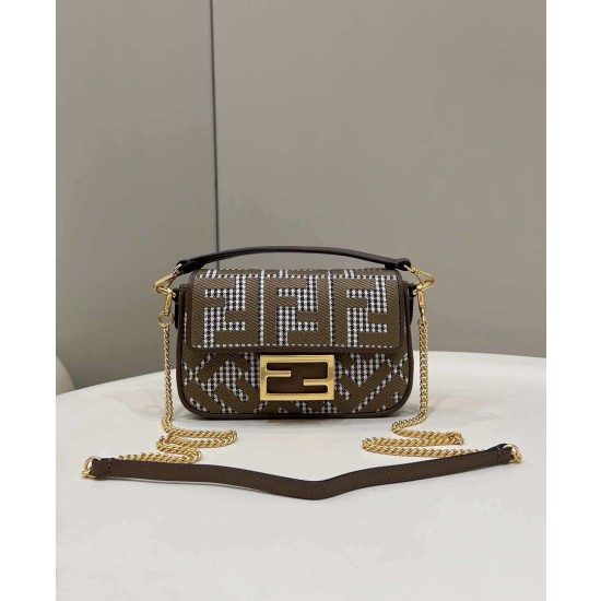 Fendi 8BS017 Borsa Replica 1:1 Mini Baguette in lana pied de poule con ricamo FF Marrone