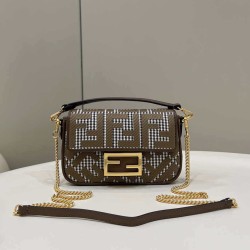 Miglior Prezzo Fendi 8BS017 Borsa Replica 1:1 Mini Baguette in lana pied de poule con ricamo FF Marrone 