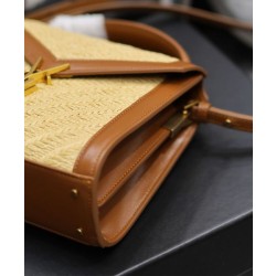 Imitazione Borsa YSL Saint Laurent Cassandra Mini Top Handle in rafia e pelle conciata al vegetale Caffè