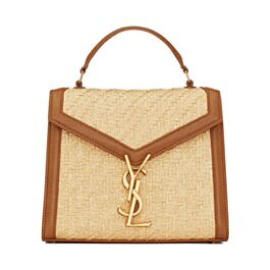 Imitazione Borsa YSL Saint Laurent Cassandra Mini Top Handle in rafia e pelle conciata al vegetale Caffè