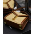 Imitazione Borsa YSL Saint Laurent Cassandra Mini Top Handle in rafia e pelle conciata al vegetale Caffè
