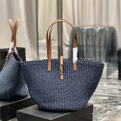 Miglior Prezzo Bora Pari all'originale replica maxi Panier YSL Saint Laurent in rafia blu navy Replica