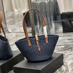 Miglior Prezzo Dettagli perfetti Borsa media YSL Saint Laurent Panier in rafia blu navy Replica