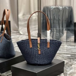 Miglior Prezzo Dettagli perfetti Borsa media YSL Saint Laurent Panier in rafia blu navy Replica