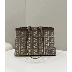 Shopper Fendi X-Tote in lana pied de poule con ricamo FF 8BH374 Marrone