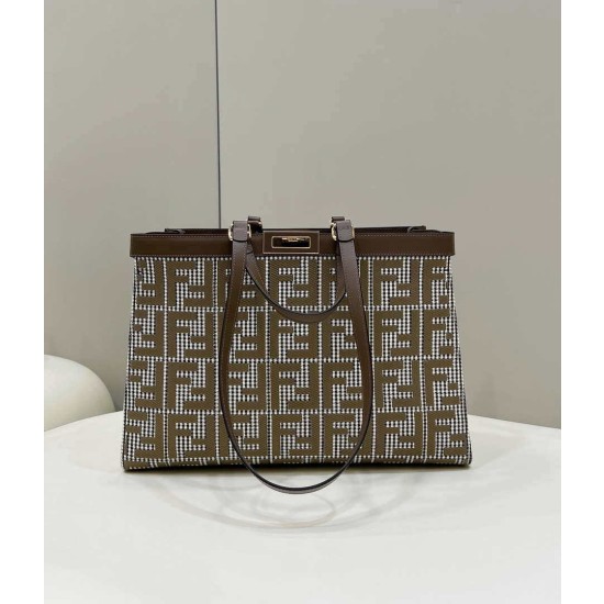 Shopper Fendi X-Tote in lana pied de poule con ricamo FF 8BH374 Marrone