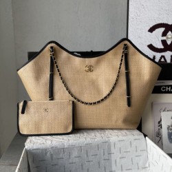 Replica qualità specchio Borse Chanel Maxi Shopping Tote Piccola/Grande AS5463 Rafia/Vitello Marrone/Nero
