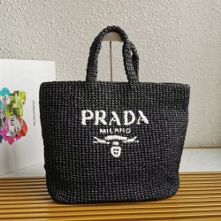 Riproduzione Fedele Prada Large Crochet Tote Bag Raffia-effect Yarn Nero imitazioni